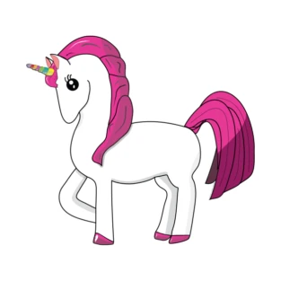A cartoon-style unicorn with a pink mane and a colorful horn, standing gracefully.