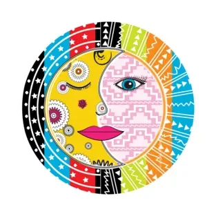 Colorful circular design featuring a stylized face with a split sun and moon theme, decorated with abstract patterns and vivid colors.