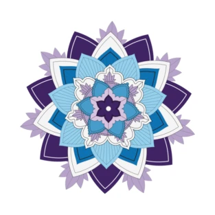 A colorful mandala design featuring various shades of blue and purple, with intricate floral patterns and layered petals.