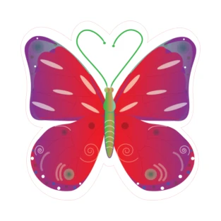 Colorful butterfly sticker with pink and purple wings and a green body, featuring decorative patterns.